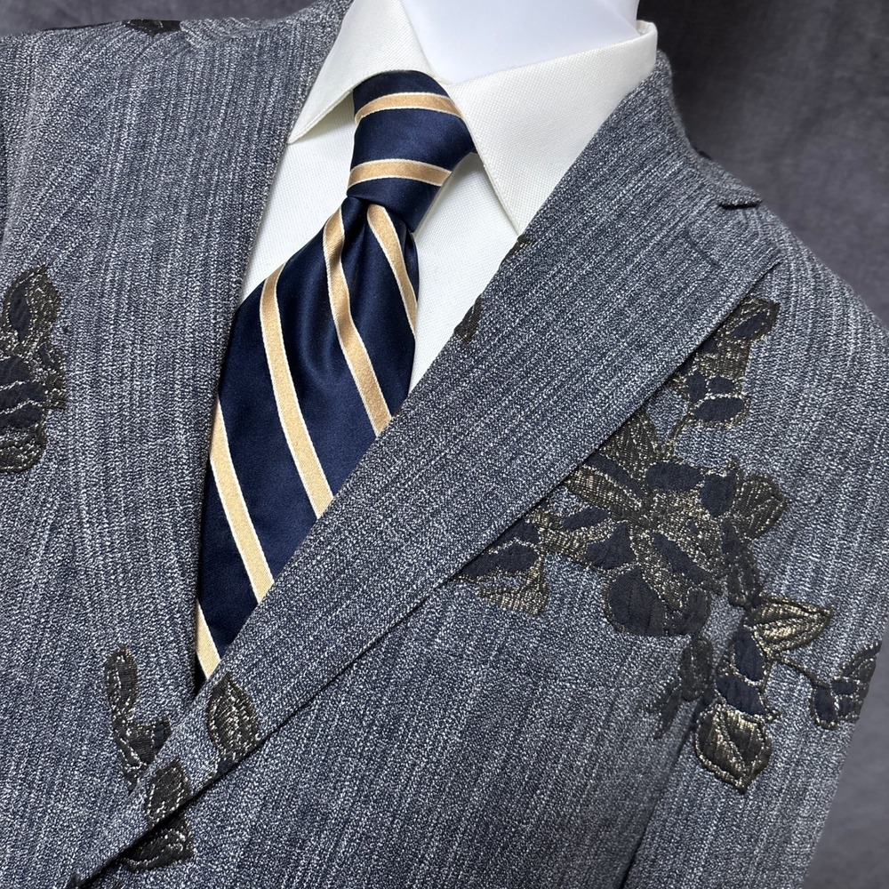 Tallia Sport Coat L Blue Floral Brocade Jacquard Bee Button Blazer 44L Slim Fit